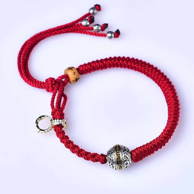 Pulsera de la suerte con hilo trenzado rojo de la diosa de la riqueza Tara Zakiram de plata verde tibetana Thangka Mythstone