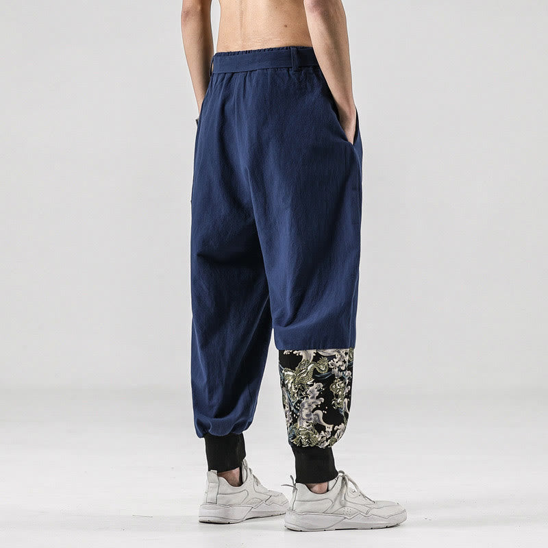 Mythstone Ocean Waves Lace-up Cotton Men's Harem Pants With Pockets