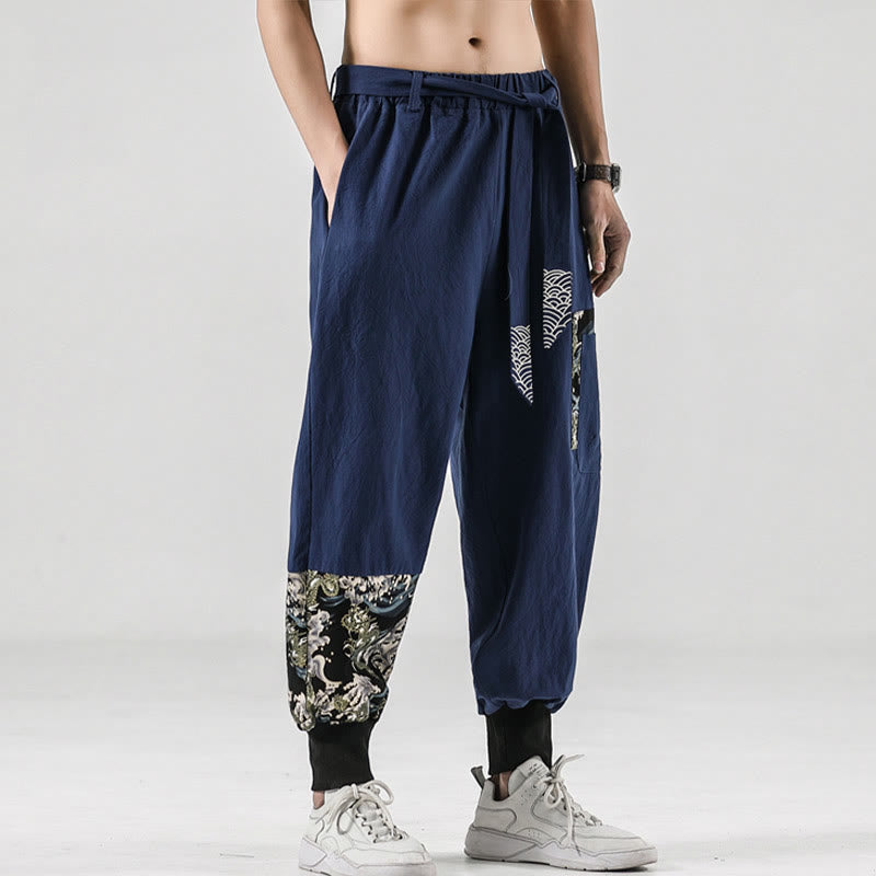 Mythstone Ocean Waves Lace-up Cotton Men's Harem Pants With Pockets