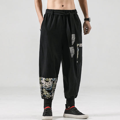 Mythstone Ocean Waves Lace-up Cotton Men's Harem Pants With Pockets