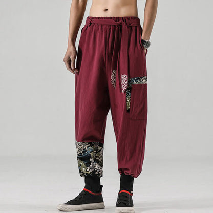 Mythstone Ocean Waves Lace-up Cotton Men's Harem Pants With Pockets