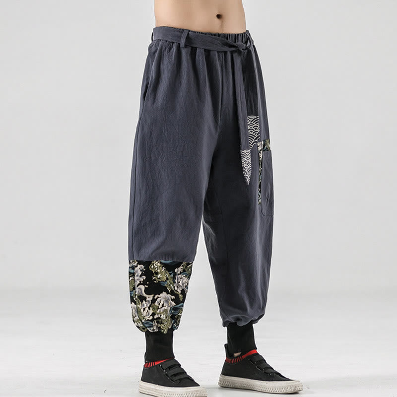 Mythstone Ocean Waves Lace-up Cotton Men's Harem Pants With Pockets