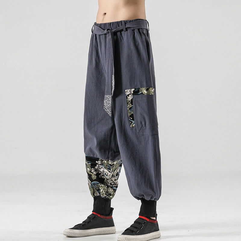 Mythstone Ocean Waves Lace-up Cotton Men's Harem Pants With Pockets