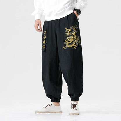 Mythstone Auspicious Clouds Dragon Cotton Men's Pants With Pockets