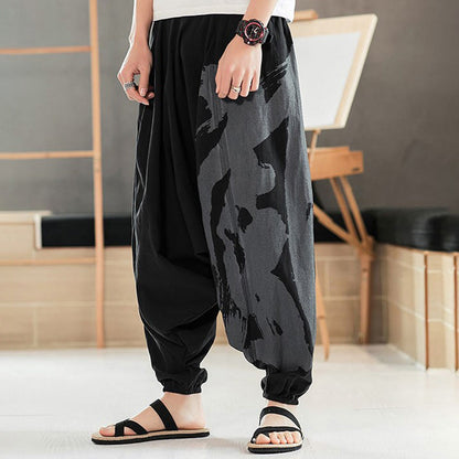 Pantalones harén de algodón con bolsillos para hombre con caligrafía de verano sencilla de Mythstone 