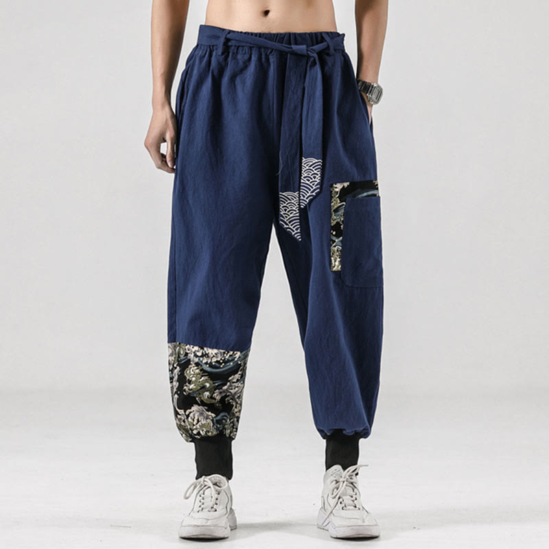 Mythstone Ocean Waves Lace-up Cotton Men's Harem Pants With Pockets