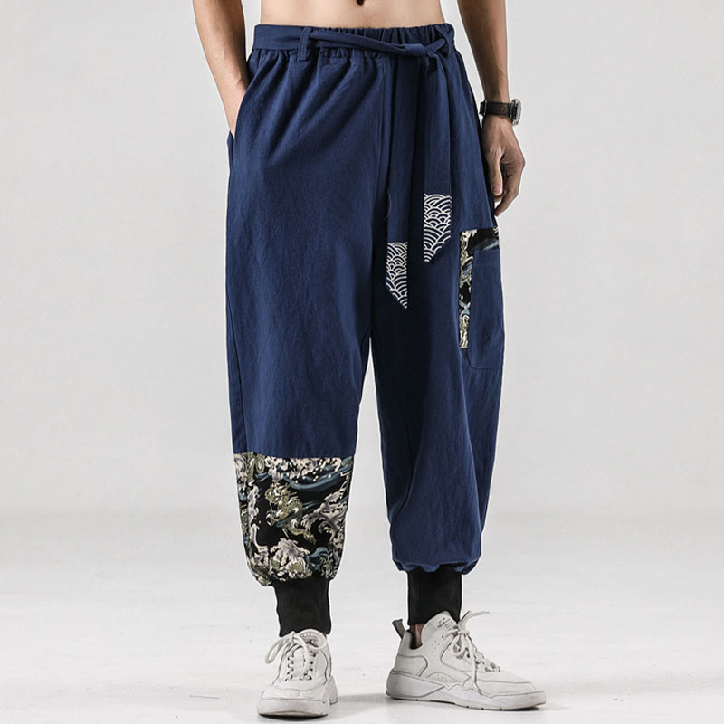 Mythstone Ocean Waves Lace-up Cotton Men's Harem Pants With Pockets