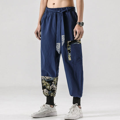 Mythstone Ocean Waves Lace-up Cotton Men's Harem Pants With Pockets