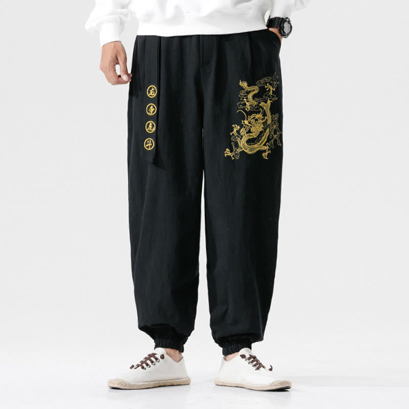 Mythstone Auspicious Clouds Dragon Cotton Men's Pants With Pockets