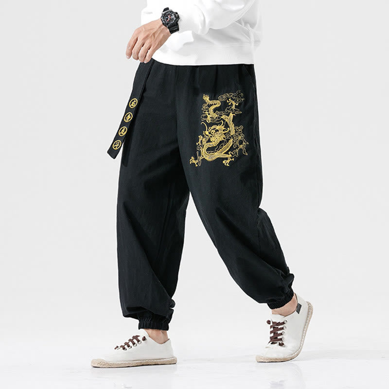 Mythstone Auspicious Clouds Dragon Cotton Men's Pants With Pockets