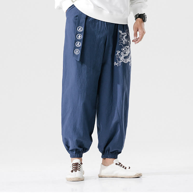 Mythstone Auspicious Clouds Dragon Cotton Men's Pants With Pockets