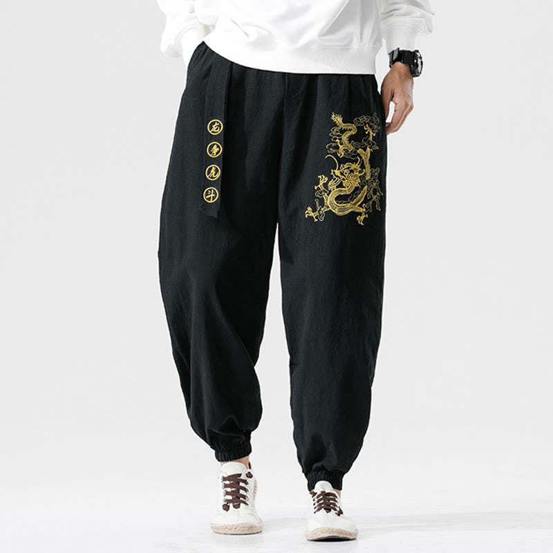 Mythstone Auspicious Clouds Dragon Cotton Men's Pants With Pockets