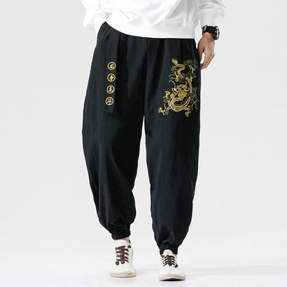 Mythstone Auspicious Clouds Dragon Cotton Men's Pants With Pockets