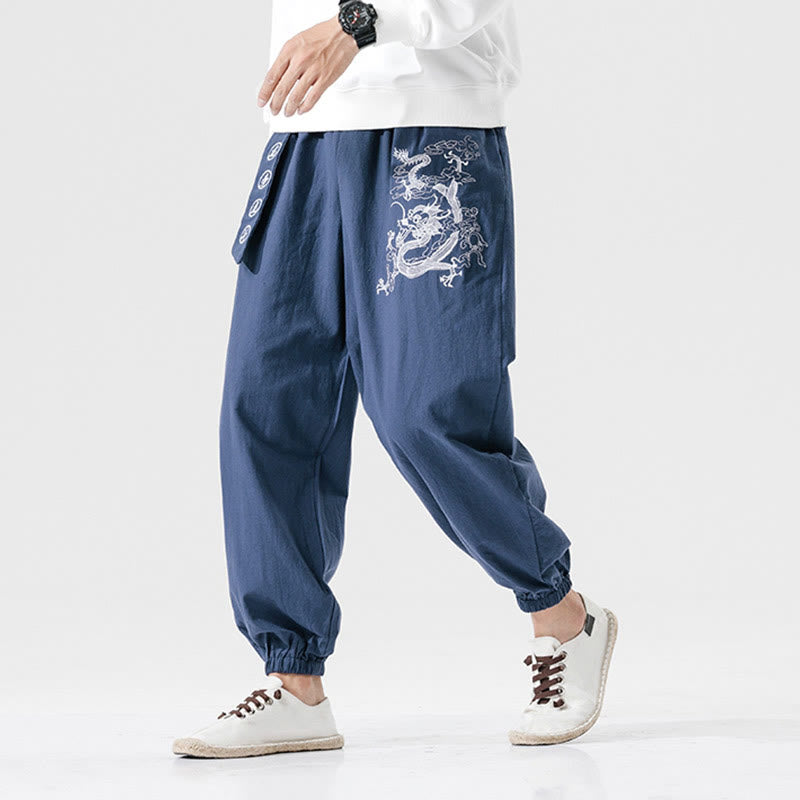 Mythstone Auspicious Clouds Dragon Cotton Men's Pants With Pockets