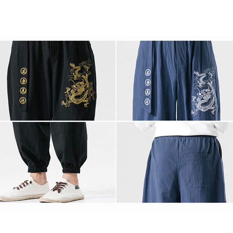 Mythstone Auspicious Clouds Dragon Cotton Men's Pants With Pockets