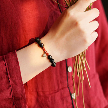 Mythstone Natural Black Obsidian Cinnabar Lotus Charm Strength Fulfillment Bracelet