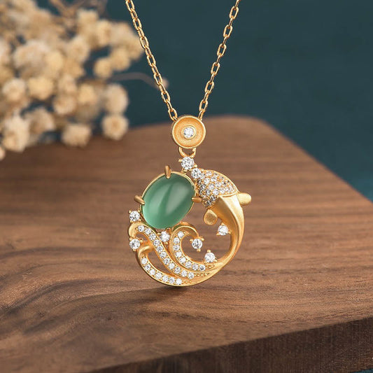 Mythstone Green Chalcedony Koi Fish Strength Necklace Pendant