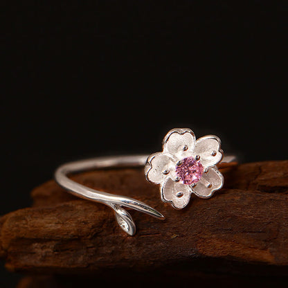 Mythstone 925 Sterling Silver Cherry Blossom Sakura Flower Blessing Adjustable Ring