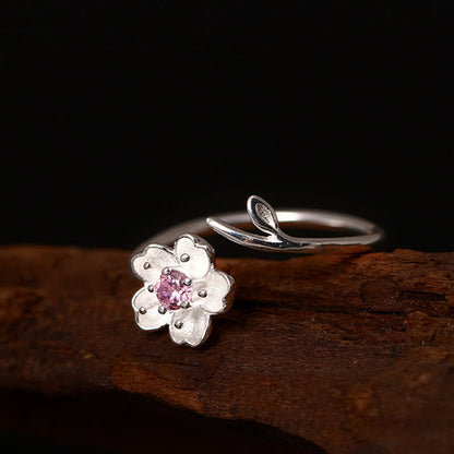 Mythstone 925 Sterling Silver Cherry Blossom Sakura Flower Blessing Adjustable Ring