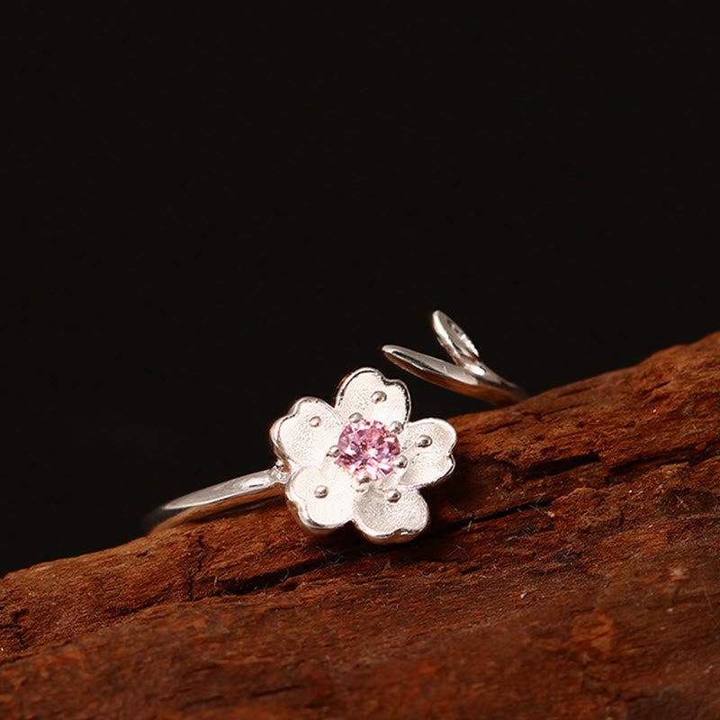 Mythstone 925 Sterling Silver Cherry Blossom Sakura Flower Blessing Adjustable Ring