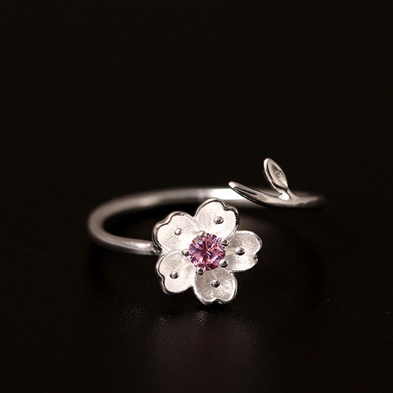 Mythstone 925 Sterling Silver Cherry Blossom Sakura Flower Blessing Adjustable Ring