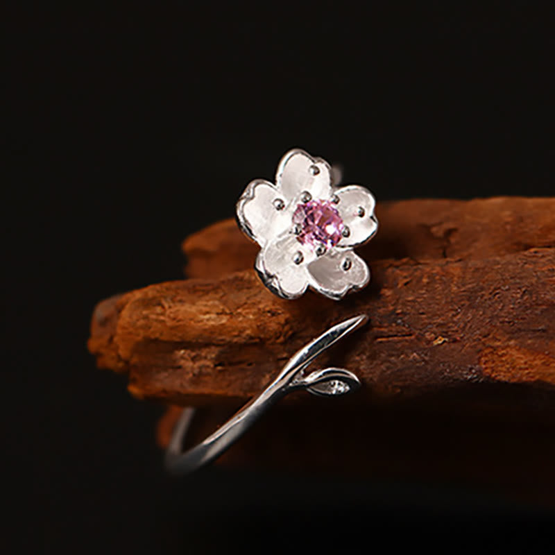 Mythstone 925 Sterling Silver Cherry Blossom Sakura Flower Blessing Adjustable Ring