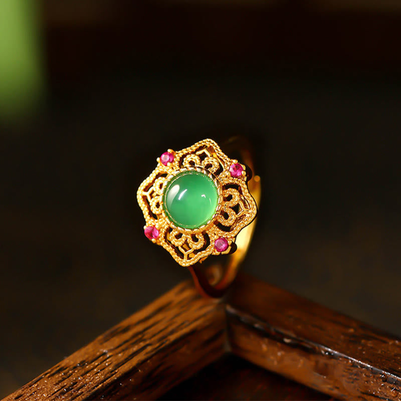 Mythstone Green Chalcedony Hollow Pattern Strength Adjustable Ring