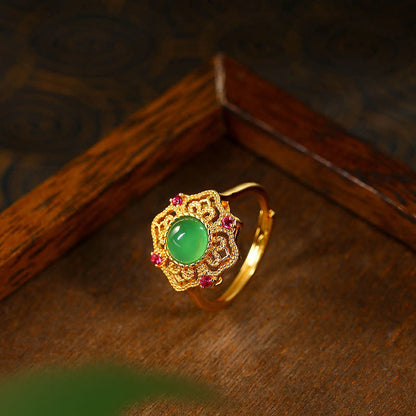 Mythstone Green Chalcedony Hollow Pattern Strength Adjustable Ring