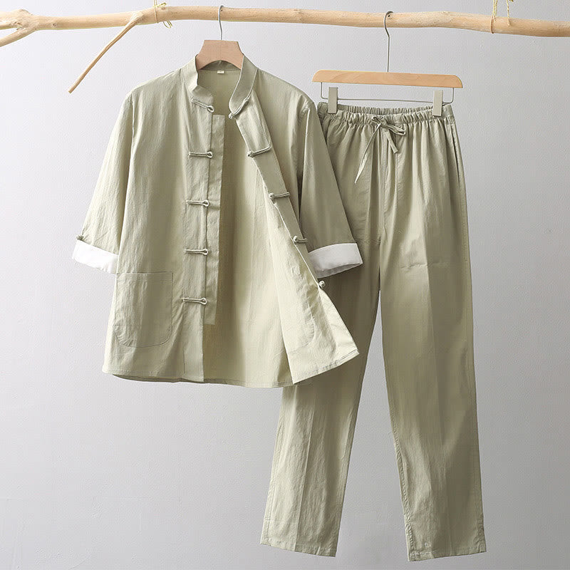 Mythstone Tang Frog-Button Three Quarter Sleeve Shirt Wide Leg Pants Cotton Linen Men's Suit