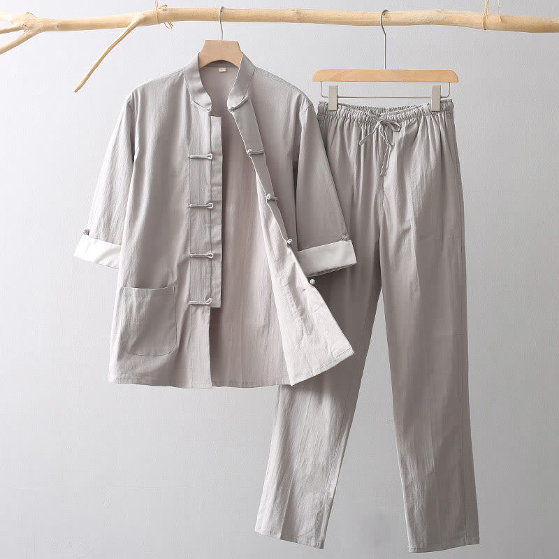 Mythstone Tang Frog-Button Three Quarter Sleeve Shirt Wide Leg Pants Cotton Linen Men's Suit