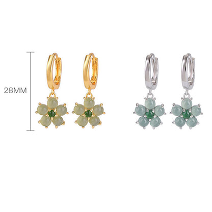 Mythstone 925 Sterling Silver Plated Gold Green Jade Flower Design Luck Prosperity Earrings