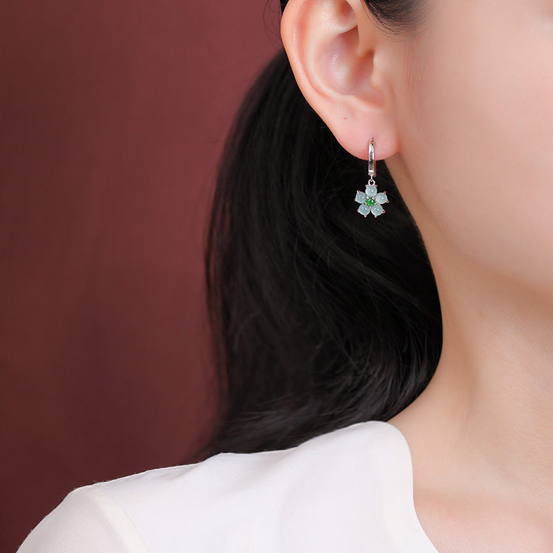 Mythstone 925 Sterling Silver Plated Gold Green Jade Flower Design Luck Prosperity Earrings