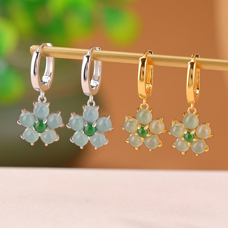 Mythstone 925 Sterling Silver Plated Gold Green Jade Flower Design Luck Prosperity Earrings