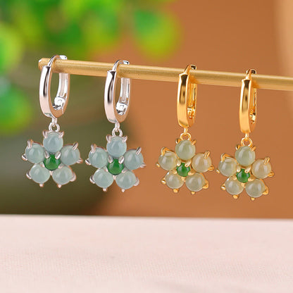 Mythstone 925 Sterling Silver Plated Gold Green Jade Flower Design Luck Prosperity Earrings