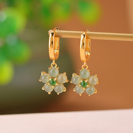 Mythstone 925 Sterling Silver Plated Gold Green Jade Flower Design Luck Prosperity Earrings