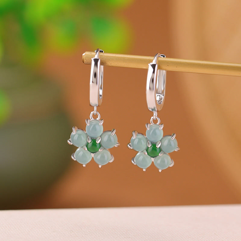 Mythstone 925 Sterling Silver Plated Gold Green Jade Flower Design Luck Prosperity Earrings