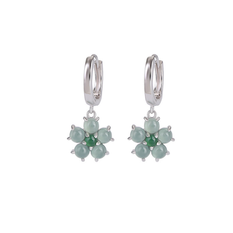 Mythstone 925 Sterling Silver Plated Gold Green Jade Flower Design Luck Prosperity Earrings