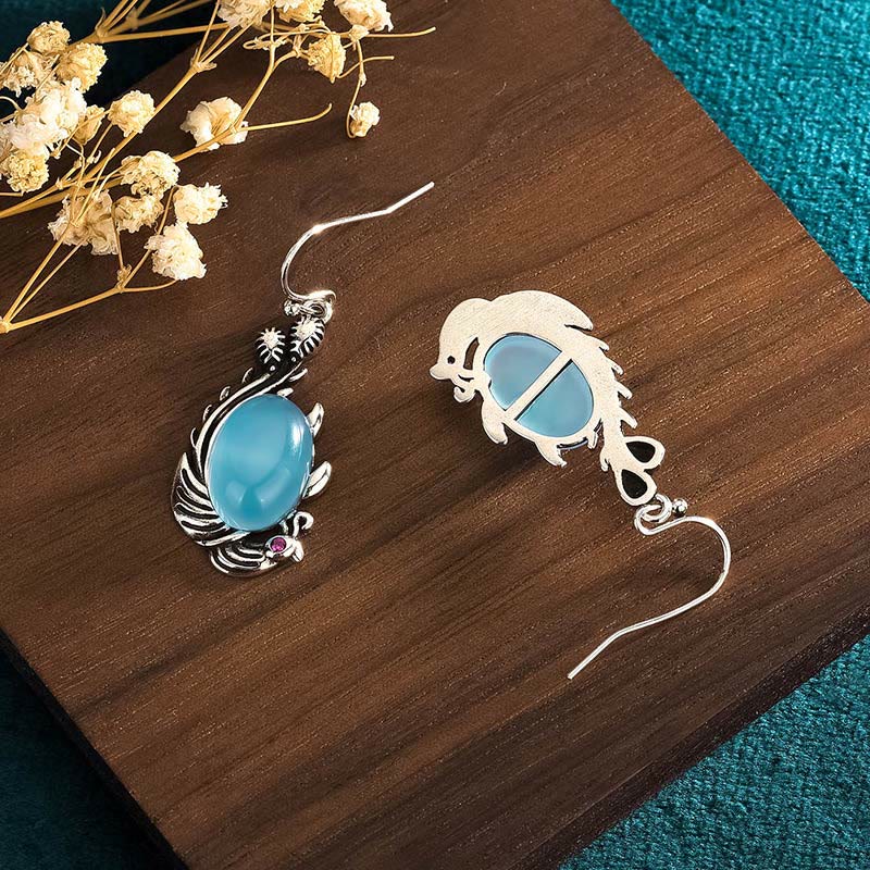 Mythstone 925 Sterling Silver Posts Blue Chalcedony Koi Fish Balance Vitality Earrings