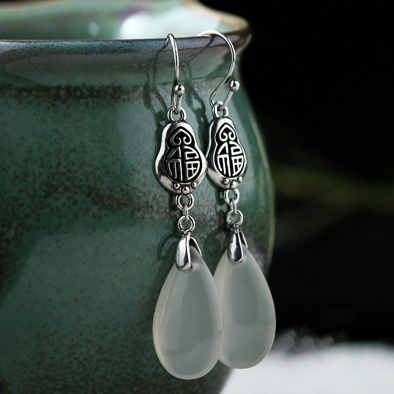 Mythstone 925 Sterling Silver Posts Natural Chalcedony Fu Character Positive Harmony Earrings