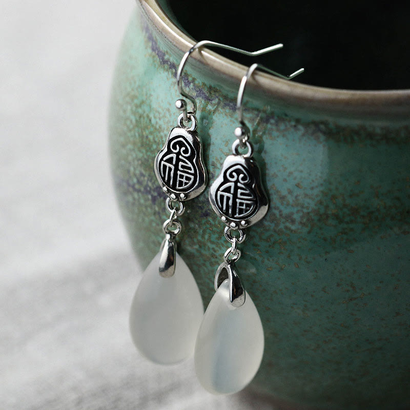 Mythstone 925 Sterling Silver Posts Natural Chalcedony Fu Character Positive Harmony Earrings