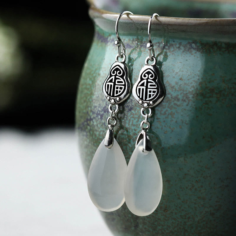 Mythstone 925 Sterling Silver Posts Natural Chalcedony Fu Character Positive Harmony Earrings