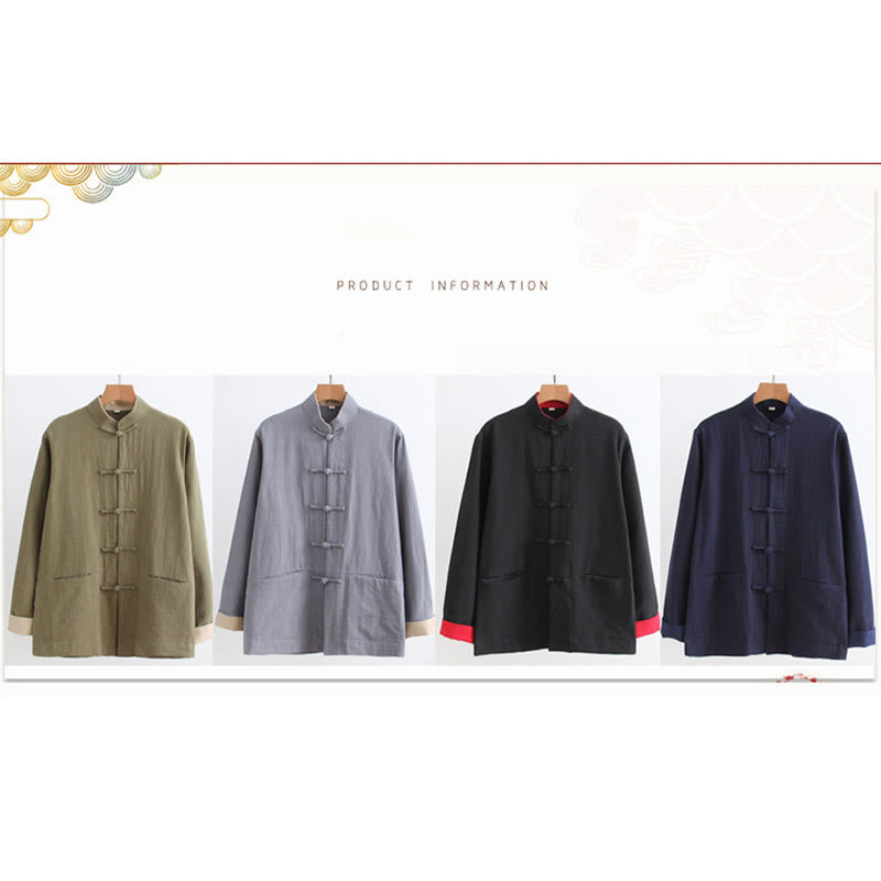 Mythstone Tang Frog-Button Long Sleeve Shirt Cotton Linen Men's Clothing