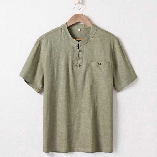 Mythstone Loose Men's Shirt Solid Color Notched Neck Top Short Sleeve Comfy Button Breathable Cotton Linen Shirt