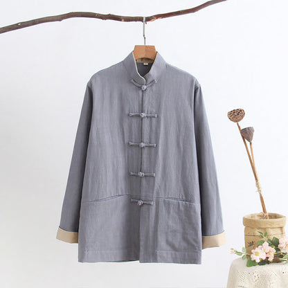 Mythstone Tang Frog-Button Long Sleeve Shirt Cotton Linen Men's Clothing