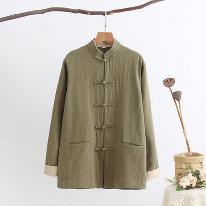 Mythstone Tang Frog-Button Long Sleeve Shirt Cotton Linen Men's Clothing