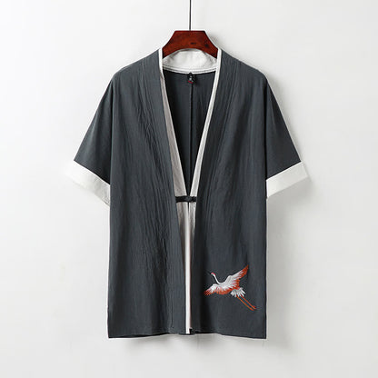 Mythstone Fake Two-piece Men's Half Sleeve Cardigan Embroidery Hanfu Comfort Cotton Shirt