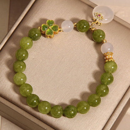 Pulsera con dije de paz y hebilla de trébol de cuatro hojas, turmalina verde y calcedonia, piedra mitológica