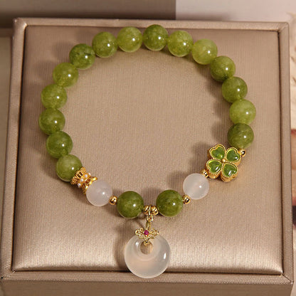 Pulsera con dije de paz y hebilla de trébol de cuatro hojas, turmalina verde y calcedonia, piedra mitológica