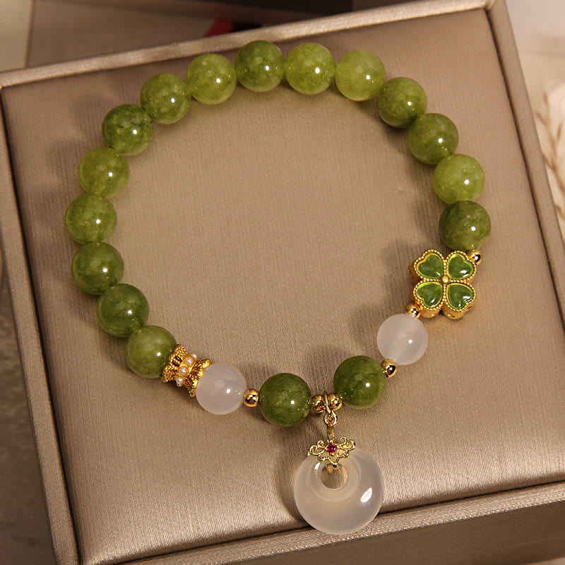 Pulsera con dije de paz y hebilla de trébol de cuatro hojas, turmalina verde y calcedonia, piedra mitológica