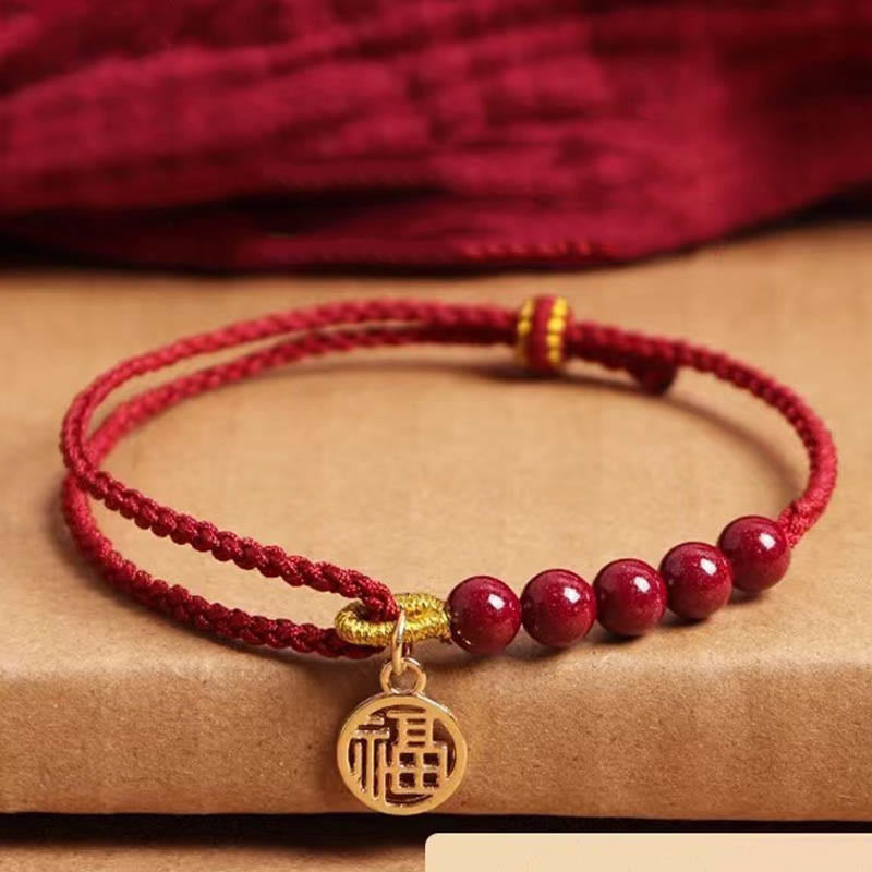 Mythstone Cinnabar Fu Character Beads Blessing Red String Handmade Braided Bracelet